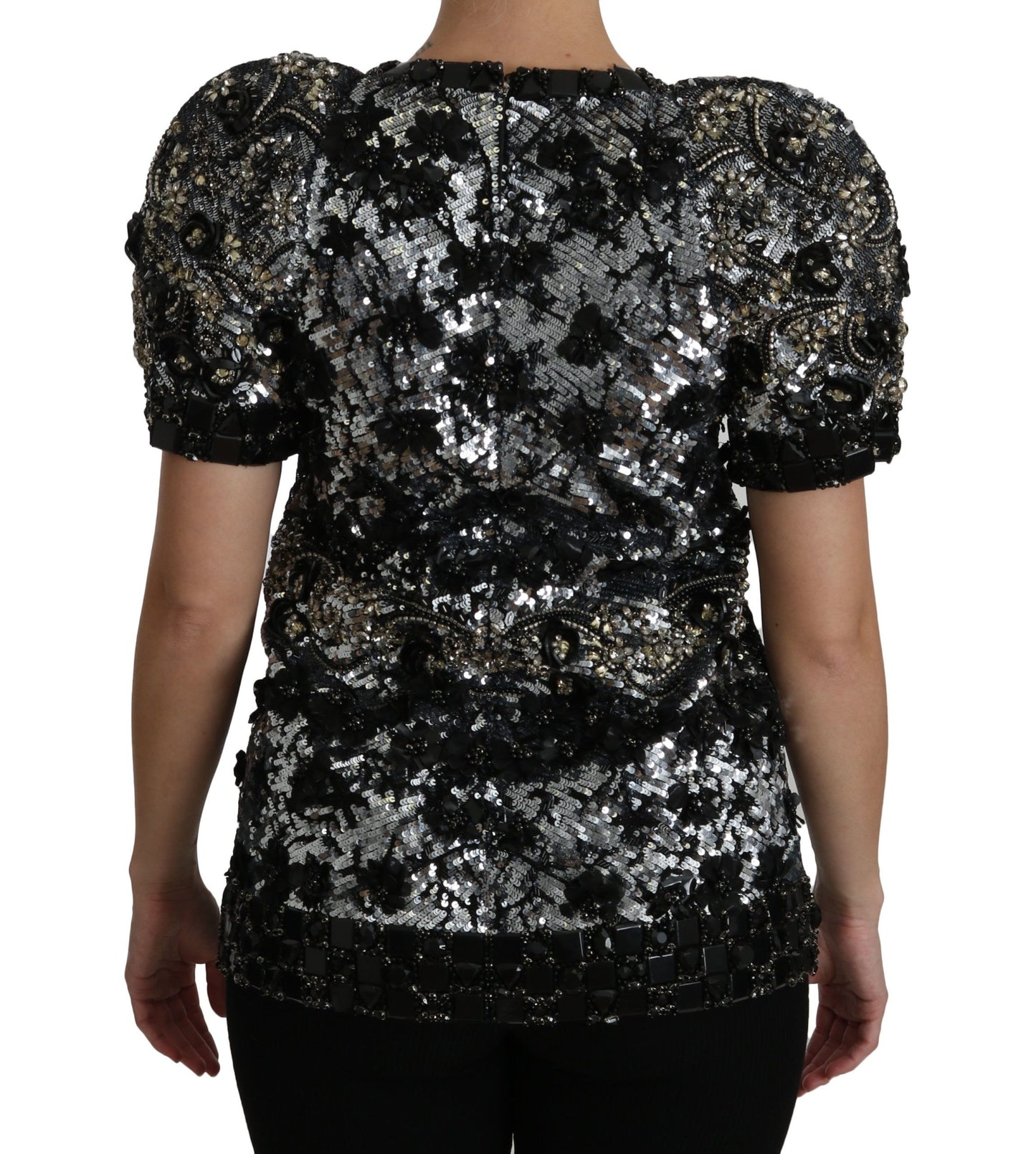 Dolce & Gabbana Schwarzes paillettenbesetztes und kristallverziertes Blusentop