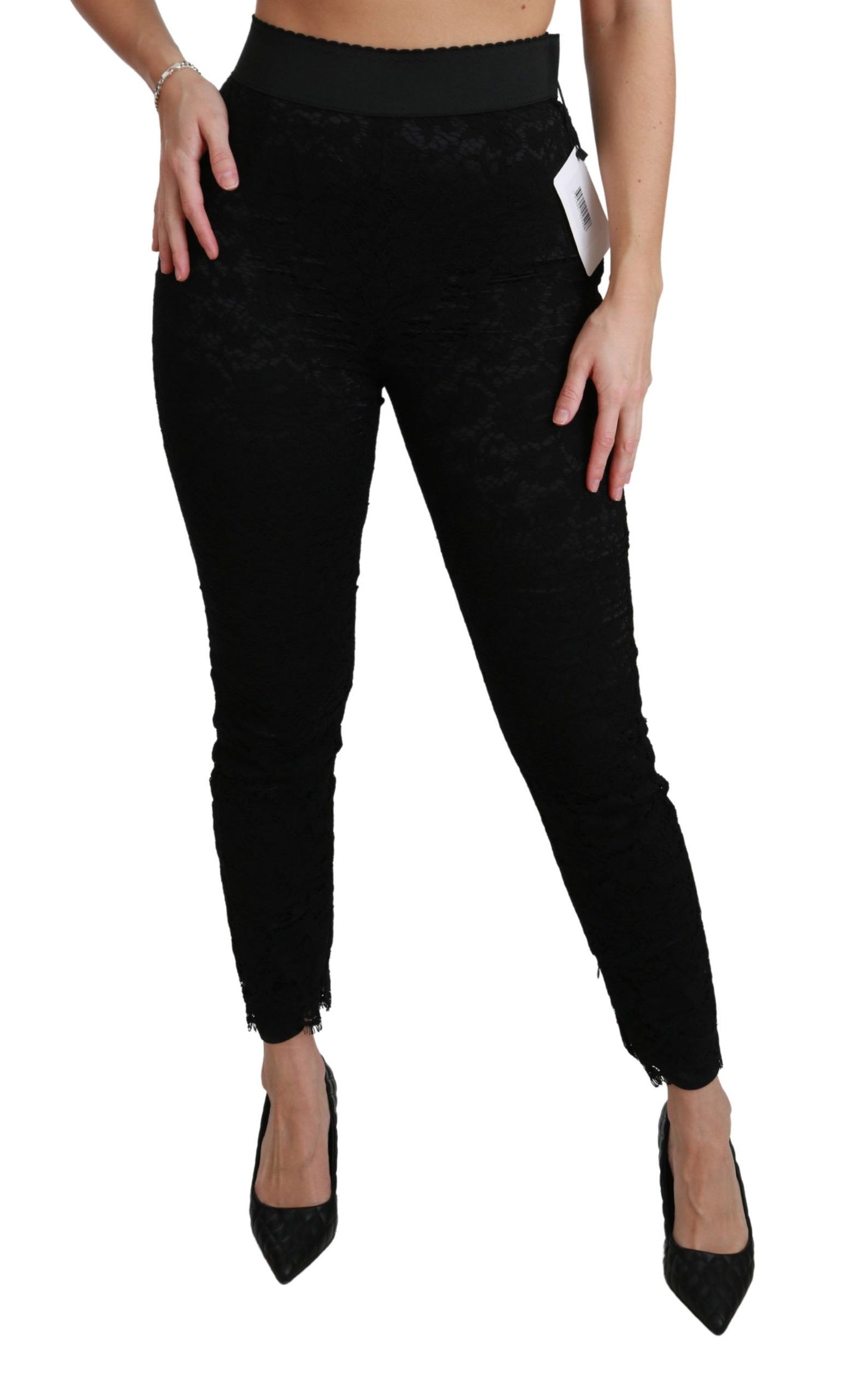 Dolce & Gabbana Schwarze Skinny Hose mit hoher Taille aus Baumwolle mit Spitze