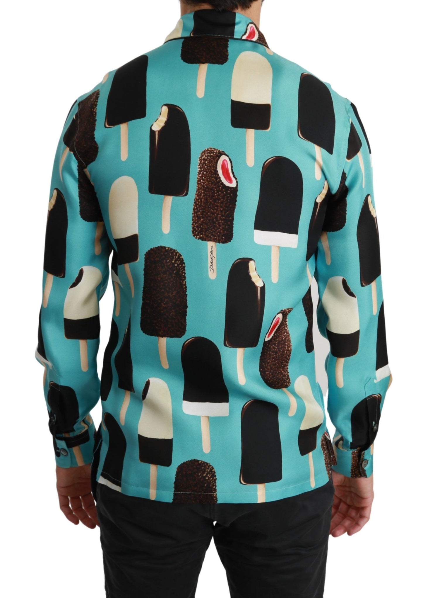 Dolce & Gabbana Blaues Seideneishemd mit Eiscreme-Druck Freizeithemd