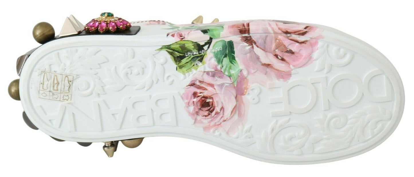Dolce & Gabbana Floral Leather Sneakers with Crystal Embellishment