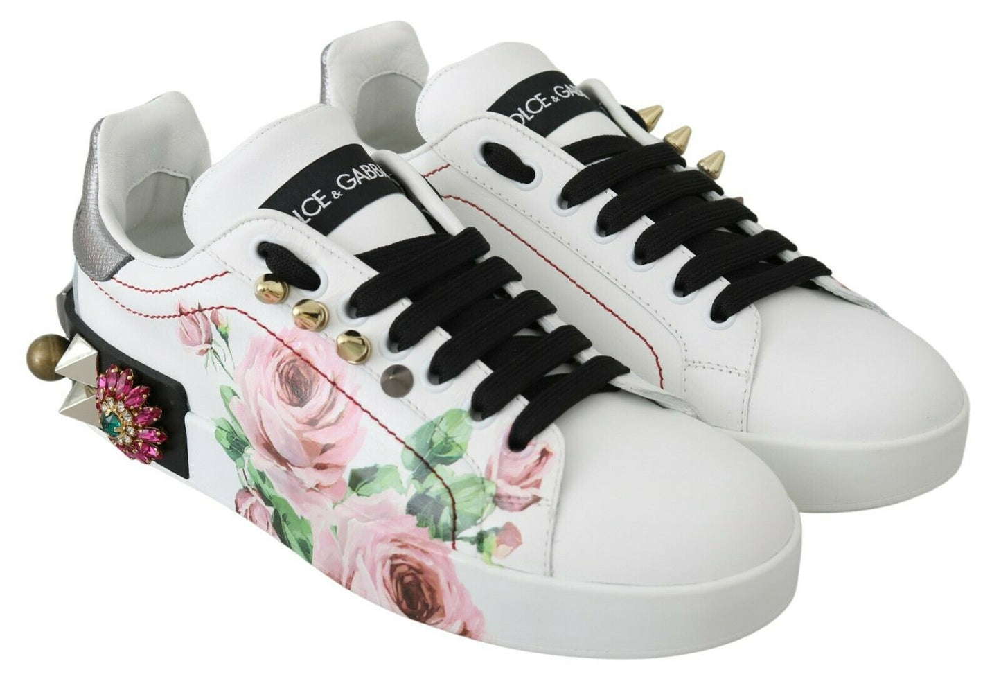 Dolce & Gabbana Floral Leather Sneakers with Crystal Embellishment