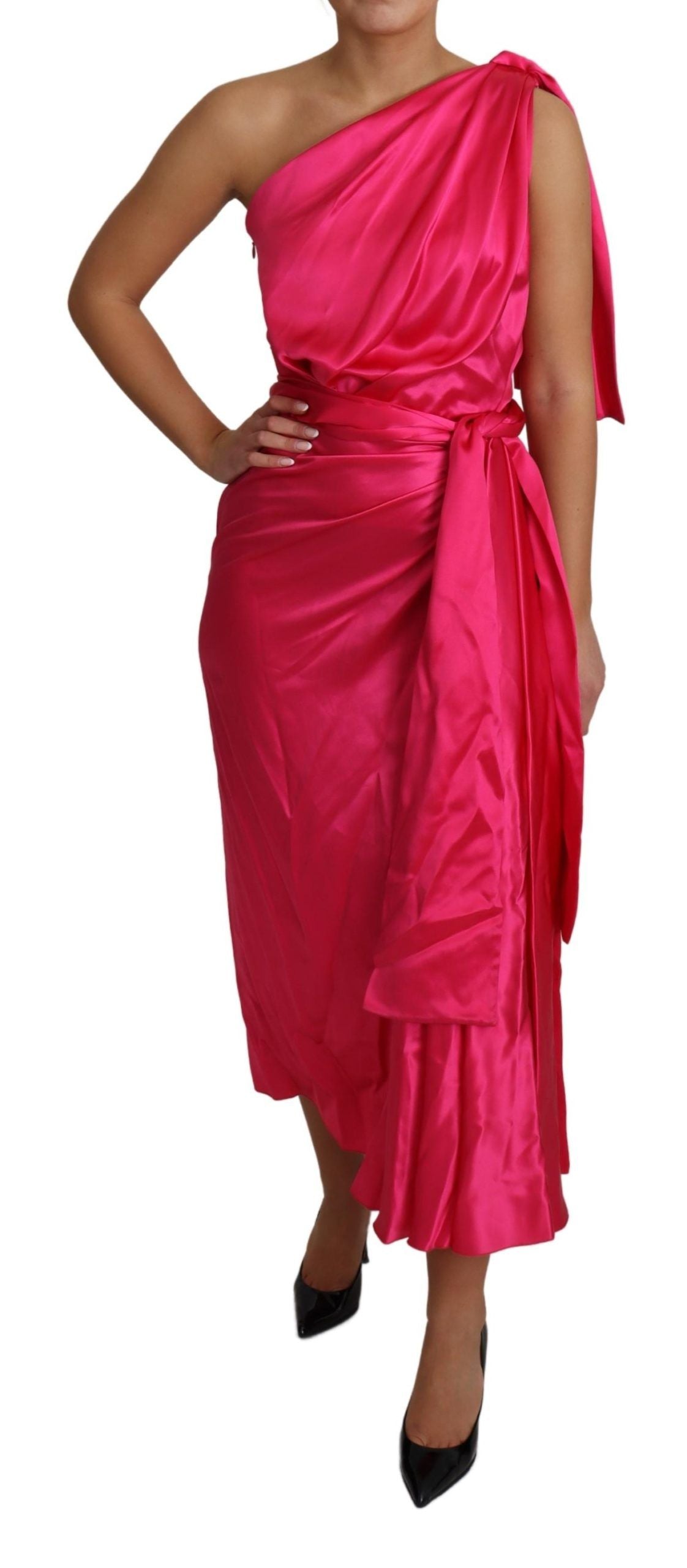 Dolce & Gabbana Elegantes fuchsiafarbenes Seiden-Wickelkleid mit einer Schulterpartie