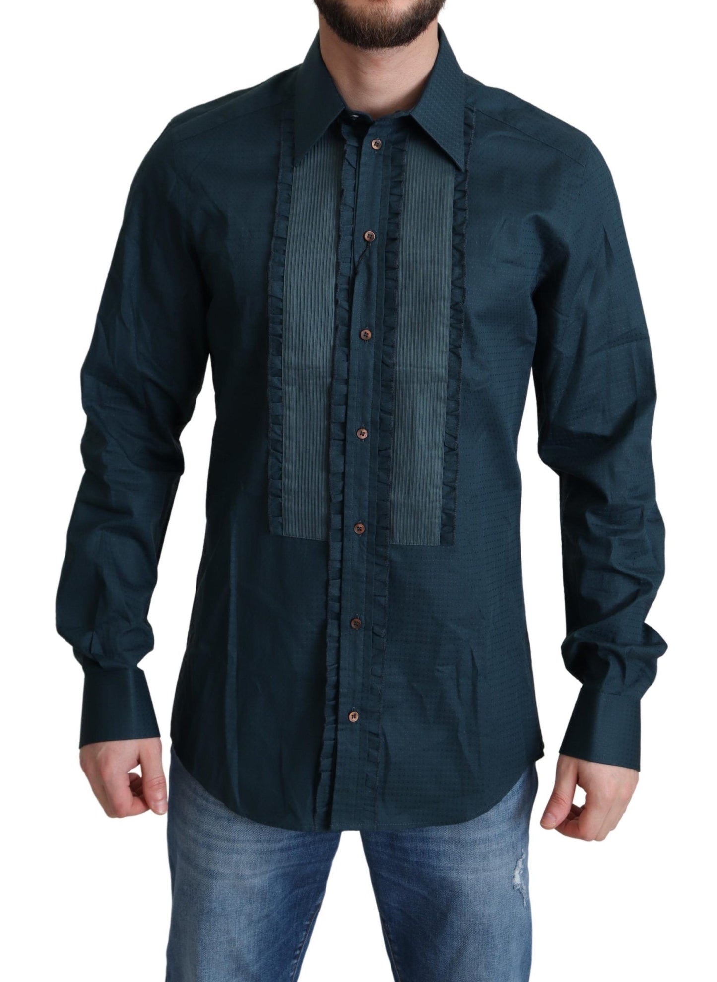 Dolce & Gabbana Elegant blue tuxedo shirt with ruffles