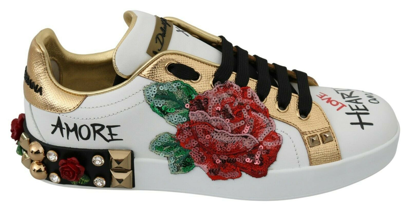 Dolce & Gabbana Elegant leather sneakers with sequins and floral pattern