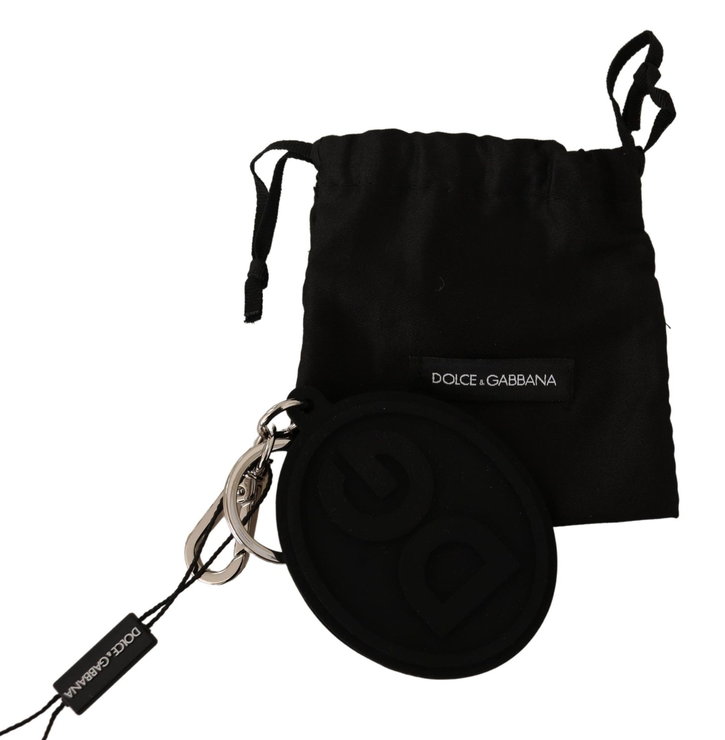 Dolce & Gabbana Schwarzer Gummi DG Logo Silber Messing Metall Schlüsselanhänger