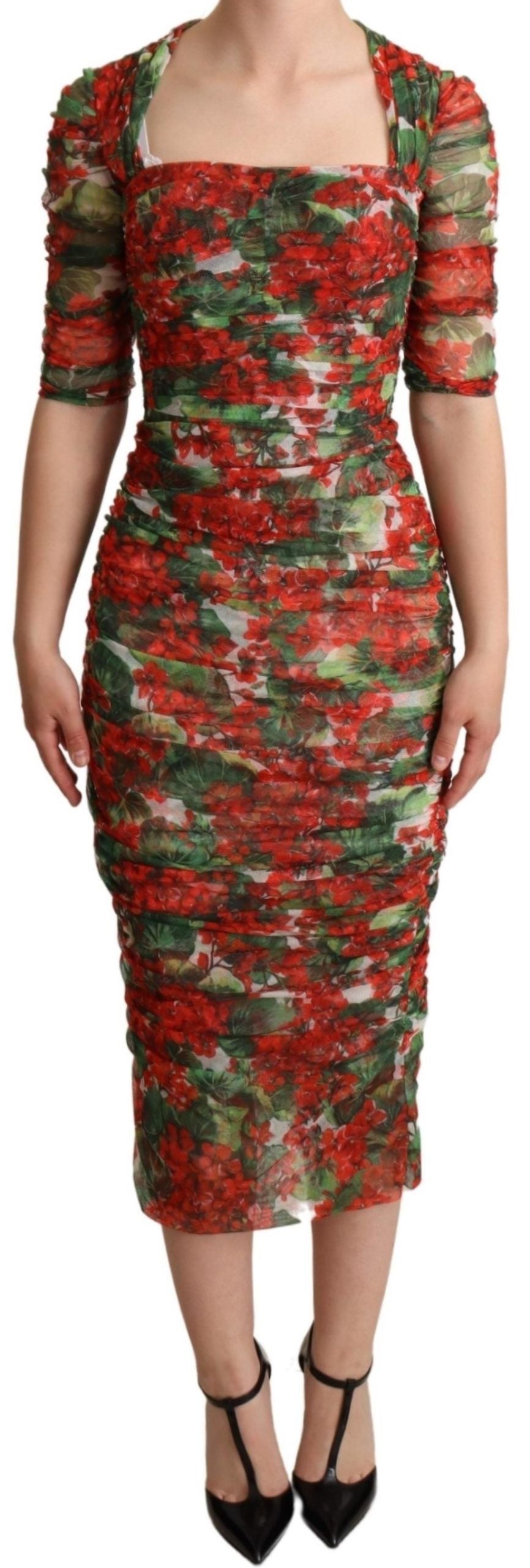 Dolce & Gabbana Rotes Tüll-Midikleid mit Blumendruck