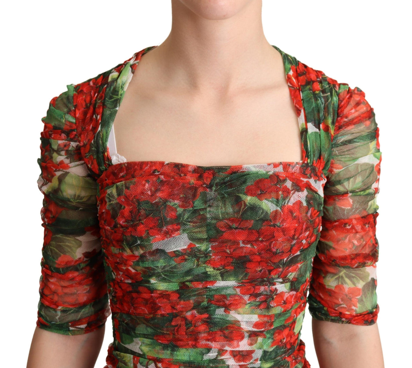 Dolce & Gabbana Rotes Tüll-Midikleid mit Blumendruck