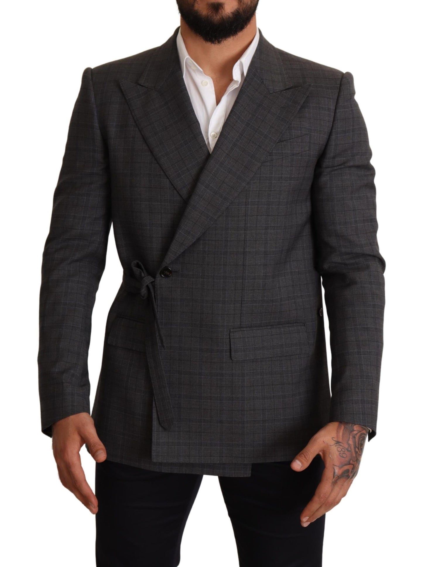Dolce & Gabbana Graue karierte Wolljacke mit schmaler Passform Blazer