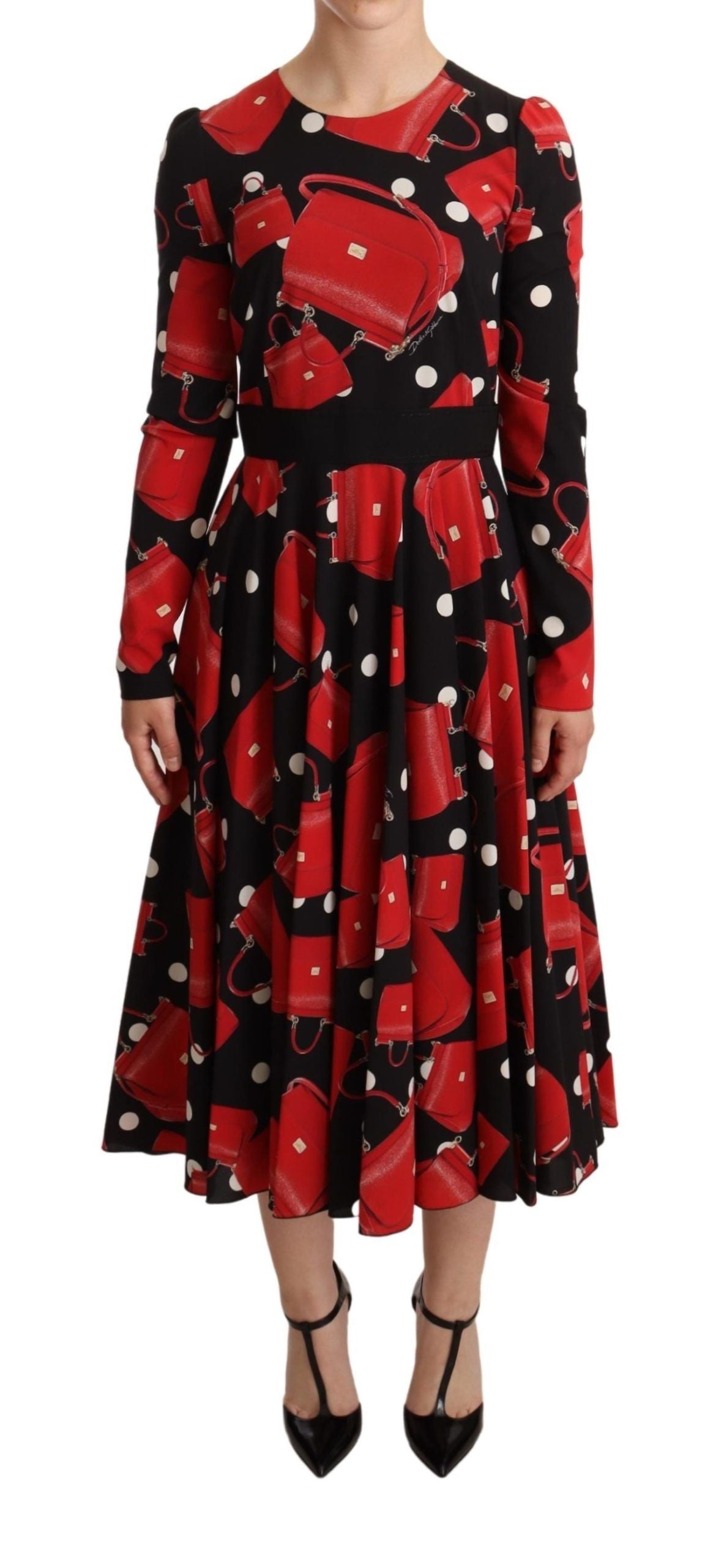 Dolce & Gabbana Schwarzes Sicily Bag Print ausgestelltes Midikleid