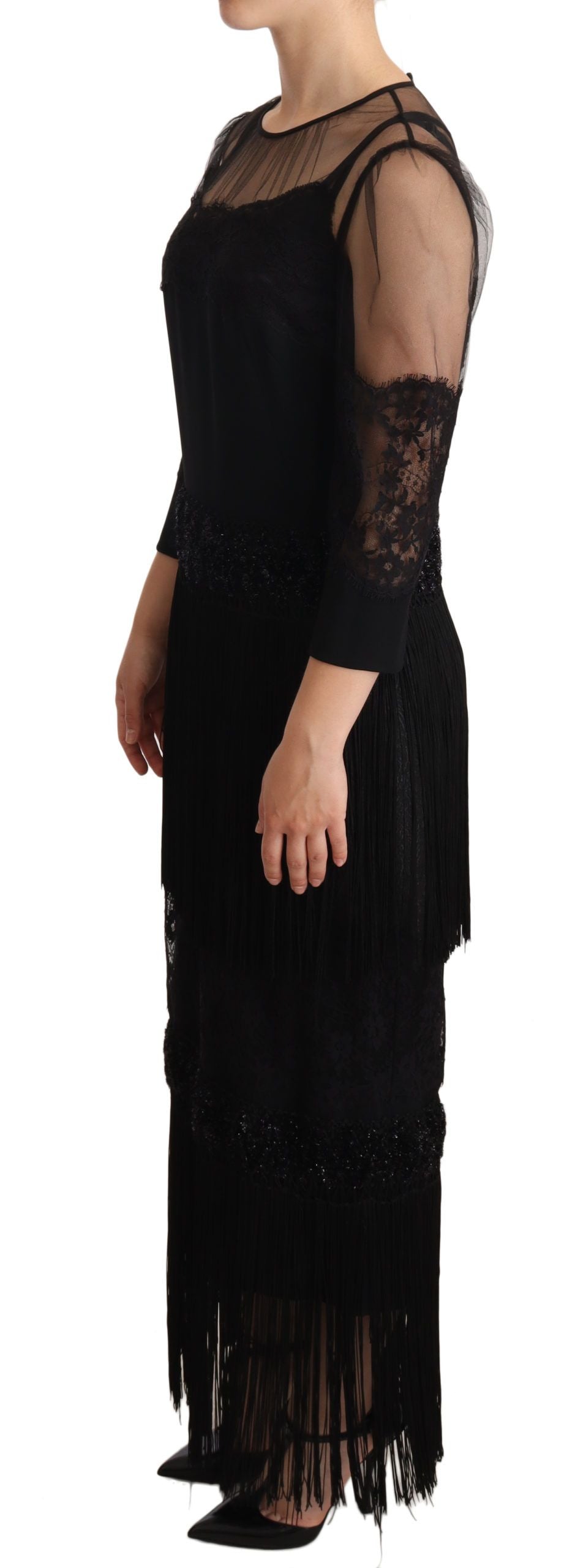 Dolce & Gabbana Schwarzes Maxikleid aus transparenter, floraler Spitze mit Kristall