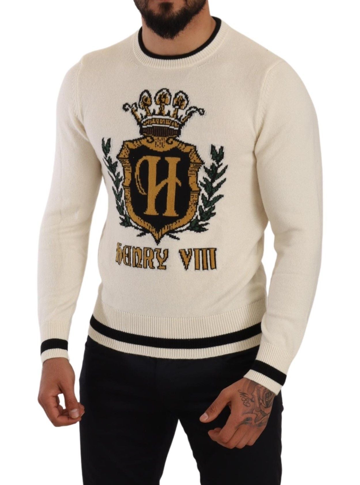 Dolce & Gabbana Weißer Pullover aus Kaschmir mit Wappen