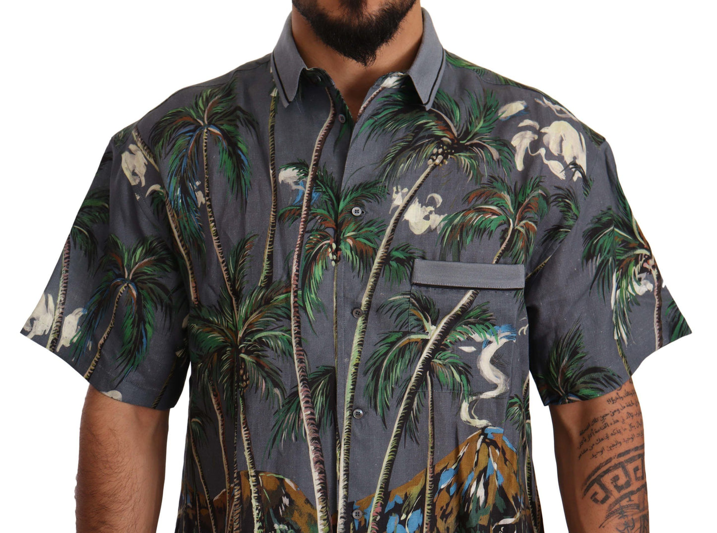 Dolce & Gabbana Graues Leinenhemd mit Tropenprint und Kragen