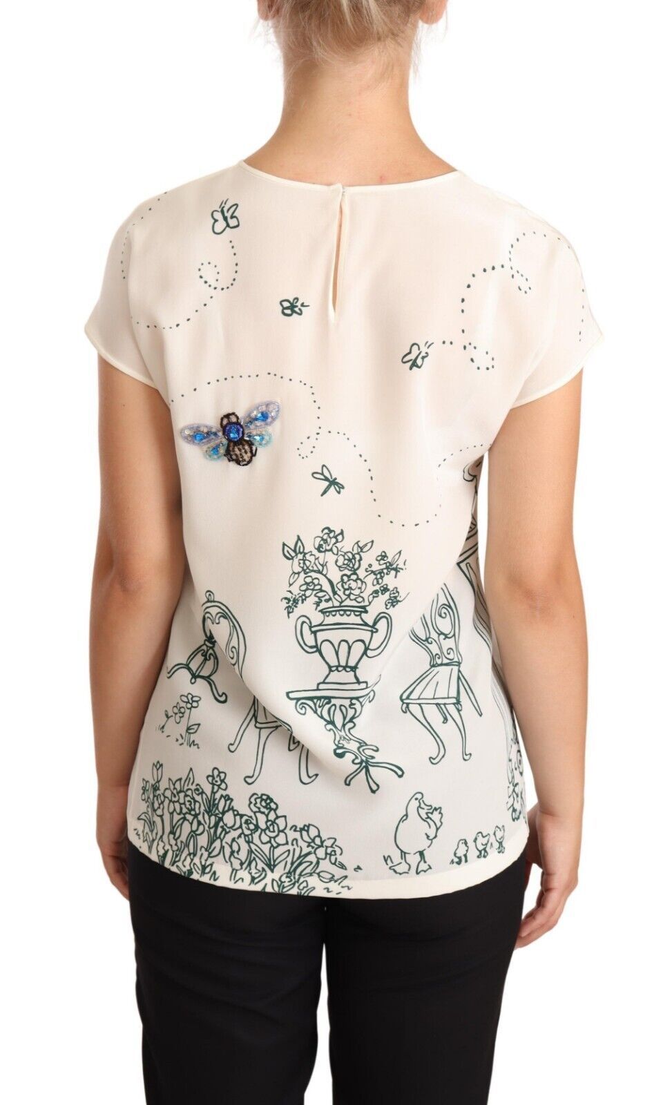 Dolce & Gabbana T-Shirt-Bluse aus weißer Seide mit Gartenbrunnen