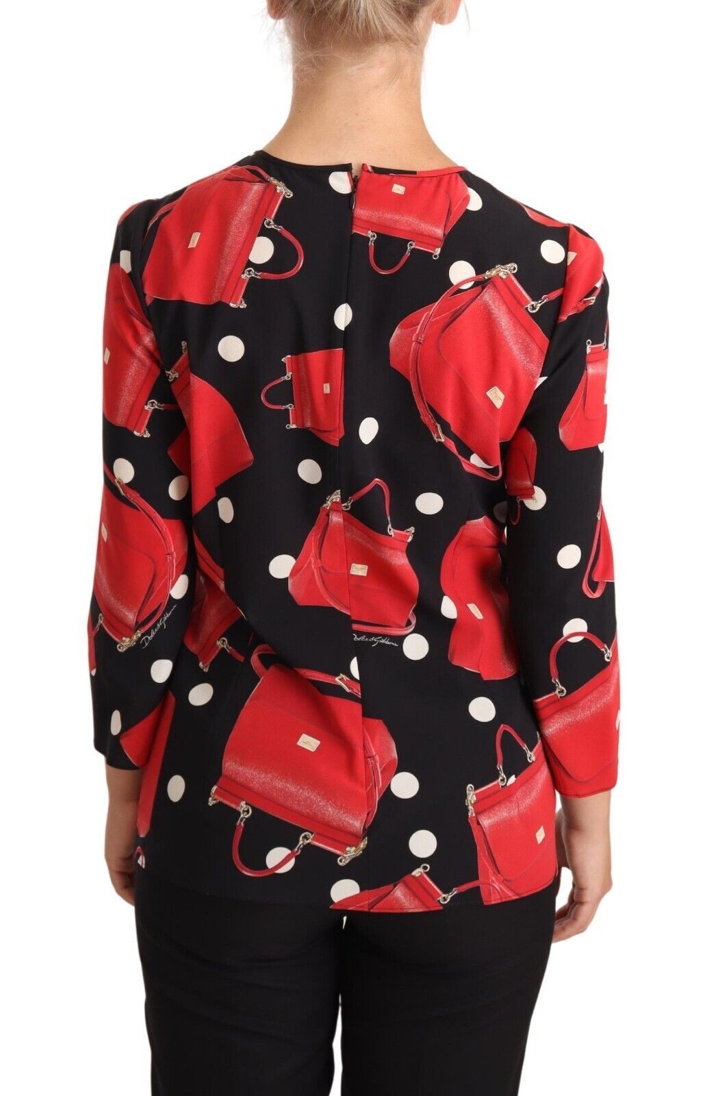 Dolce & Gabbana Schwarzes Sicily Bag Print Seidenstretch-Top Bluse