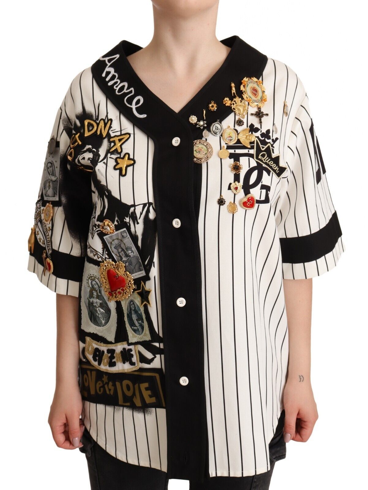 Dolce & Gabbana Weißes Baumwollhemd mit Kristall-Anhängern Amore