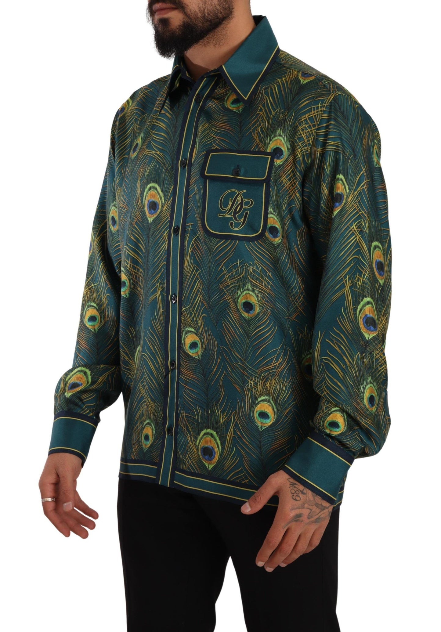 Dolce & Gabbana Pfauenfeder Print Seidenpyjama Herrenhemd