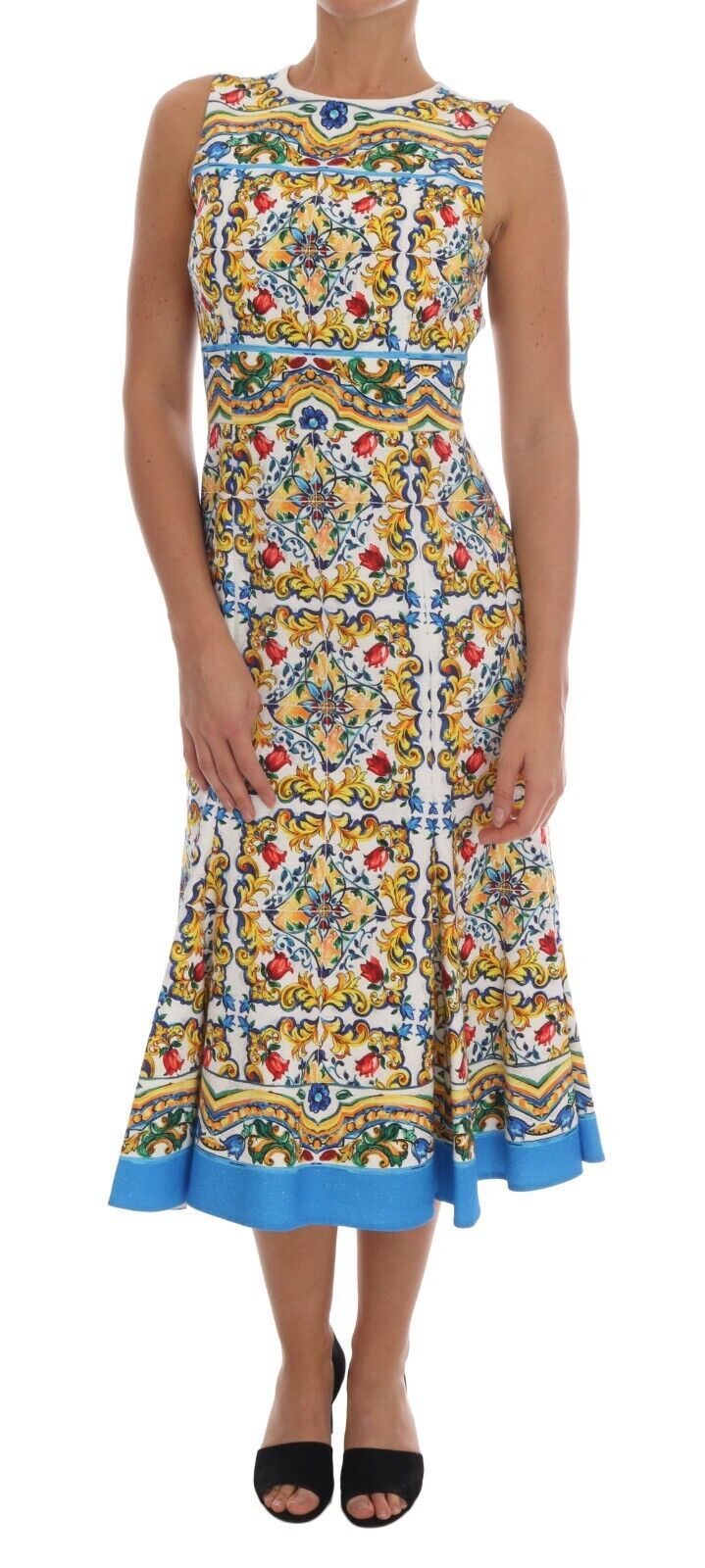 Dolce & Gabbana Weißes ärmelloses Majoilca Etuikleid in A-Linie