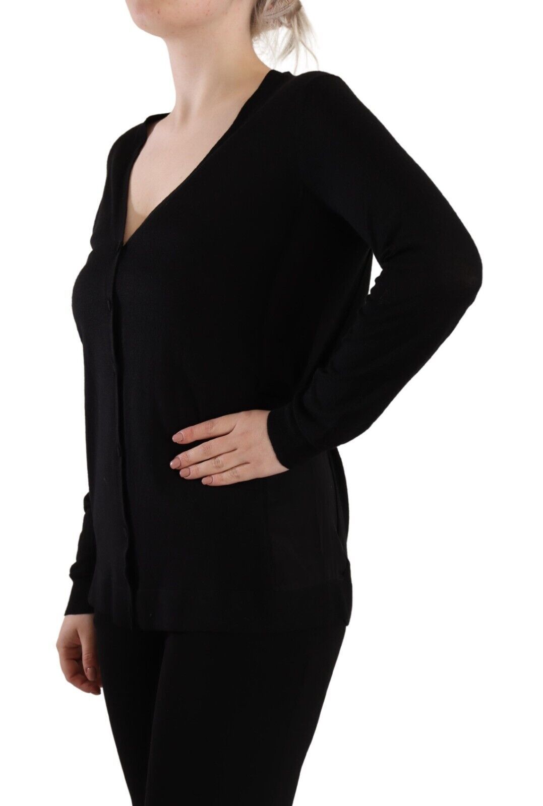Dolce & Gabbana Schwarzes Wollpullover-Top mit V-Ausschnitt und langen Ärmeln