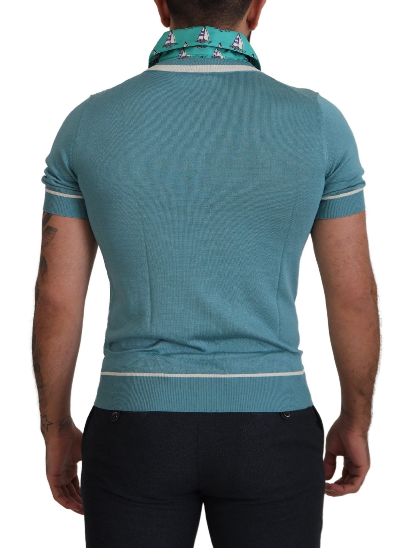 Dolce & Gabbana Blaues Seiden-Polo-Top Herren-T-Shirt mit V-Ausschnitt