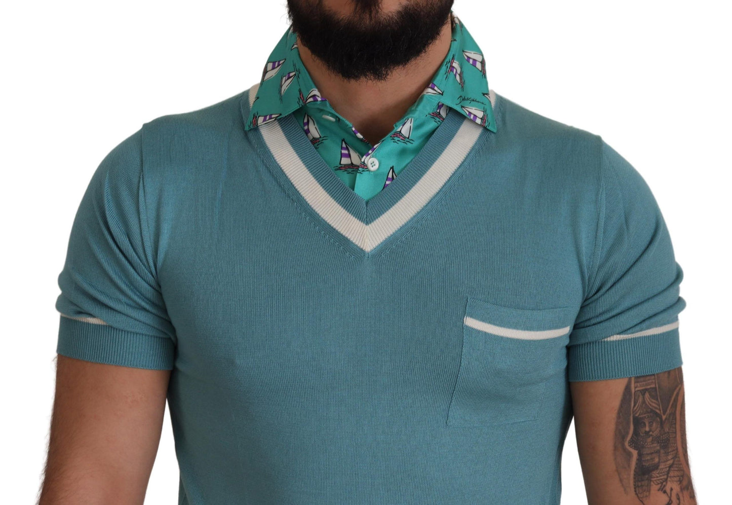 Dolce & Gabbana Blaues Seiden-Polo-Top Herren-T-Shirt mit V-Ausschnitt