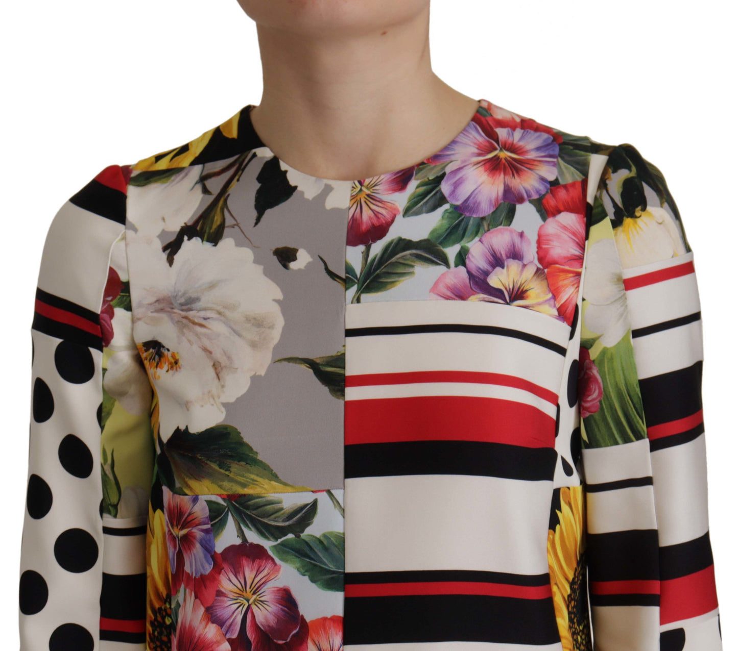 Dolce & Gabbana Multicolor Charmeuse Floral Mantel Jaquard Pachwork Kleid