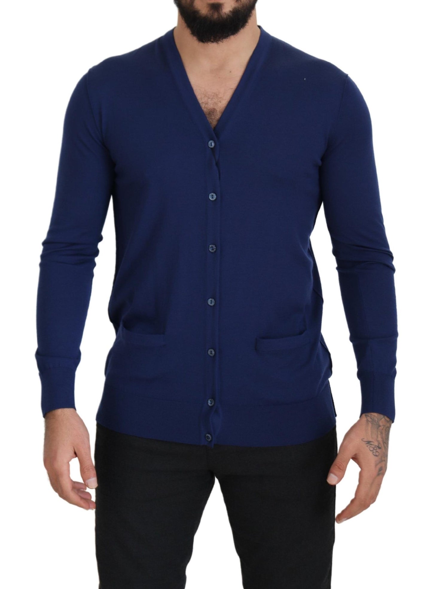 Dolce & Gabbana Blaue Wollstrickjacke mit V-Ausschnitt und Knopfleiste