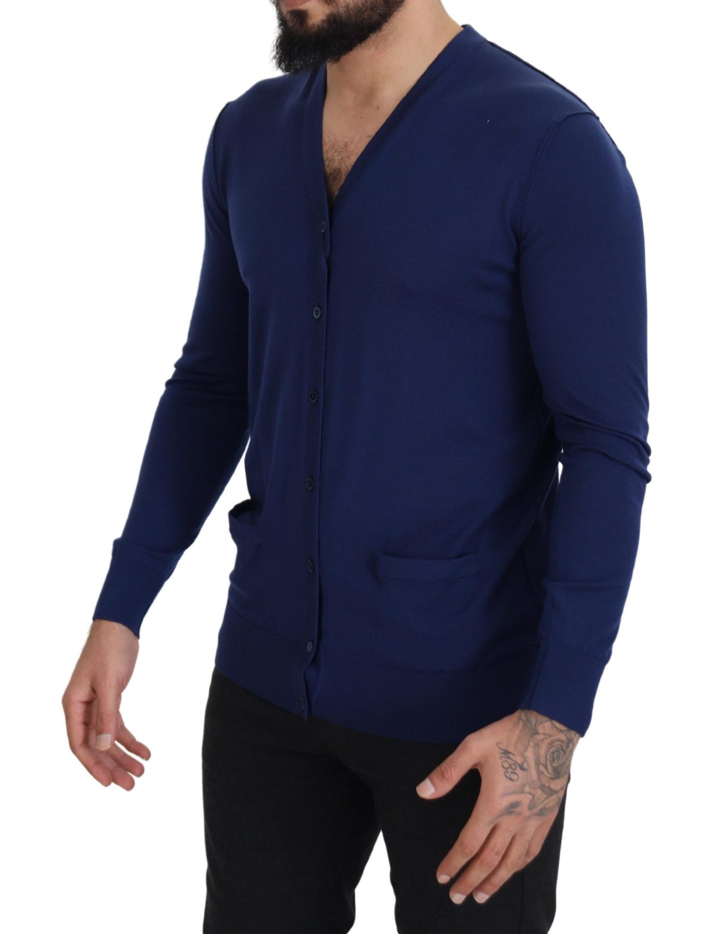 Dolce & Gabbana Blaue Wollstrickjacke mit V-Ausschnitt und Knopfleiste