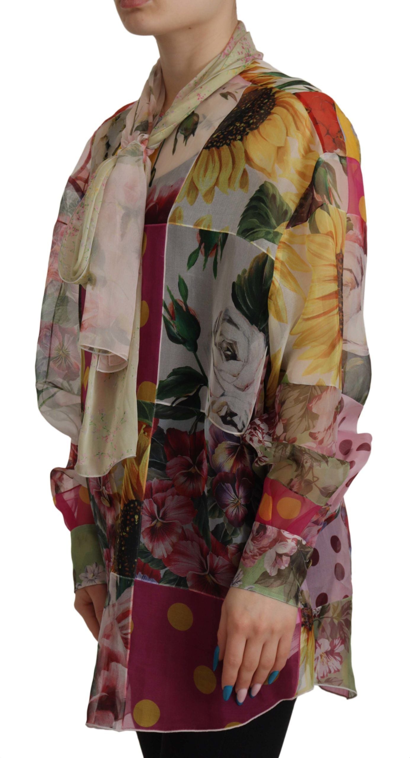 Dolce & Gabbana Multicolor Ascot Kragen Patchwork Bluse Top