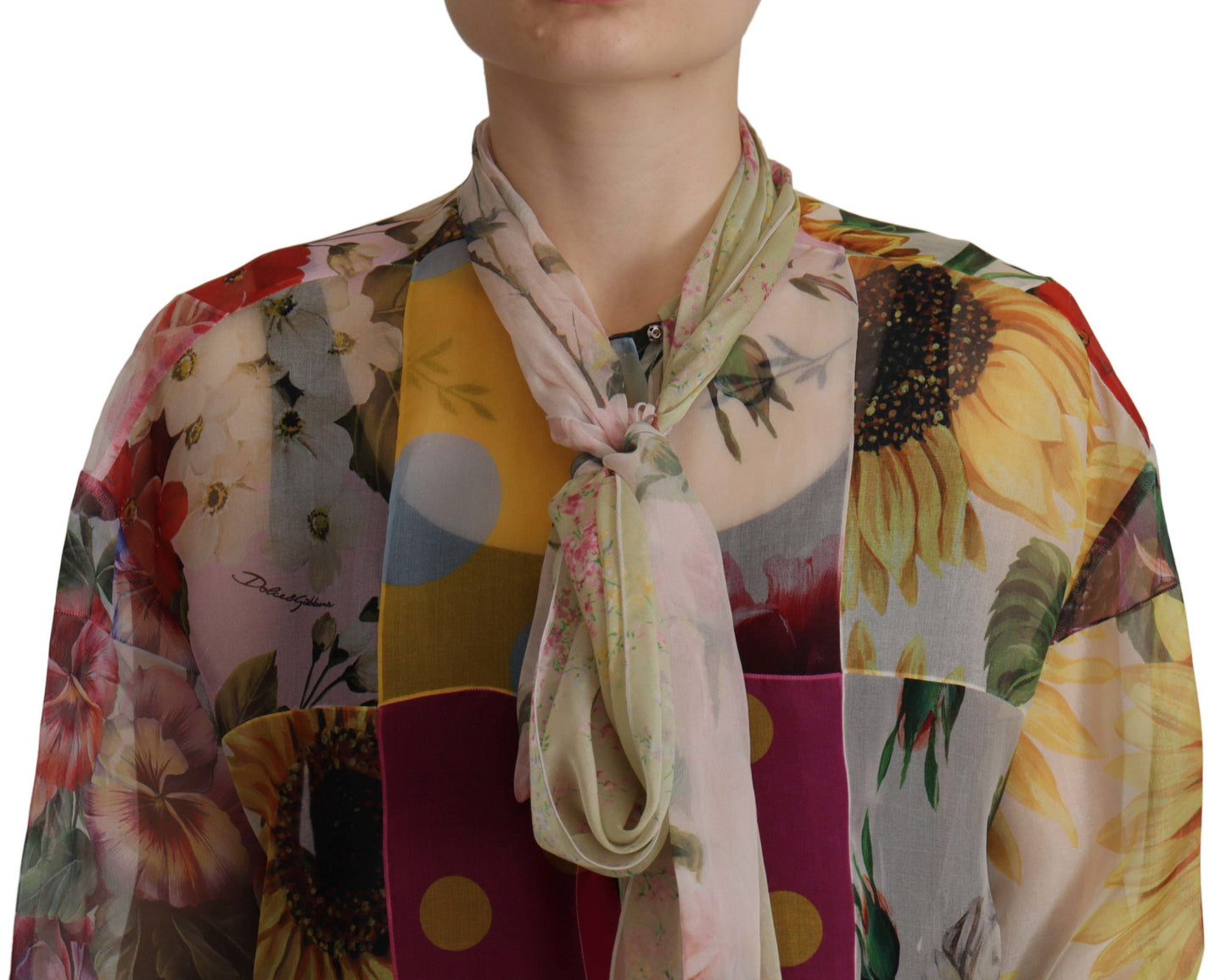Dolce & Gabbana Multicolor Ascot Kragen Patchwork Bluse Top