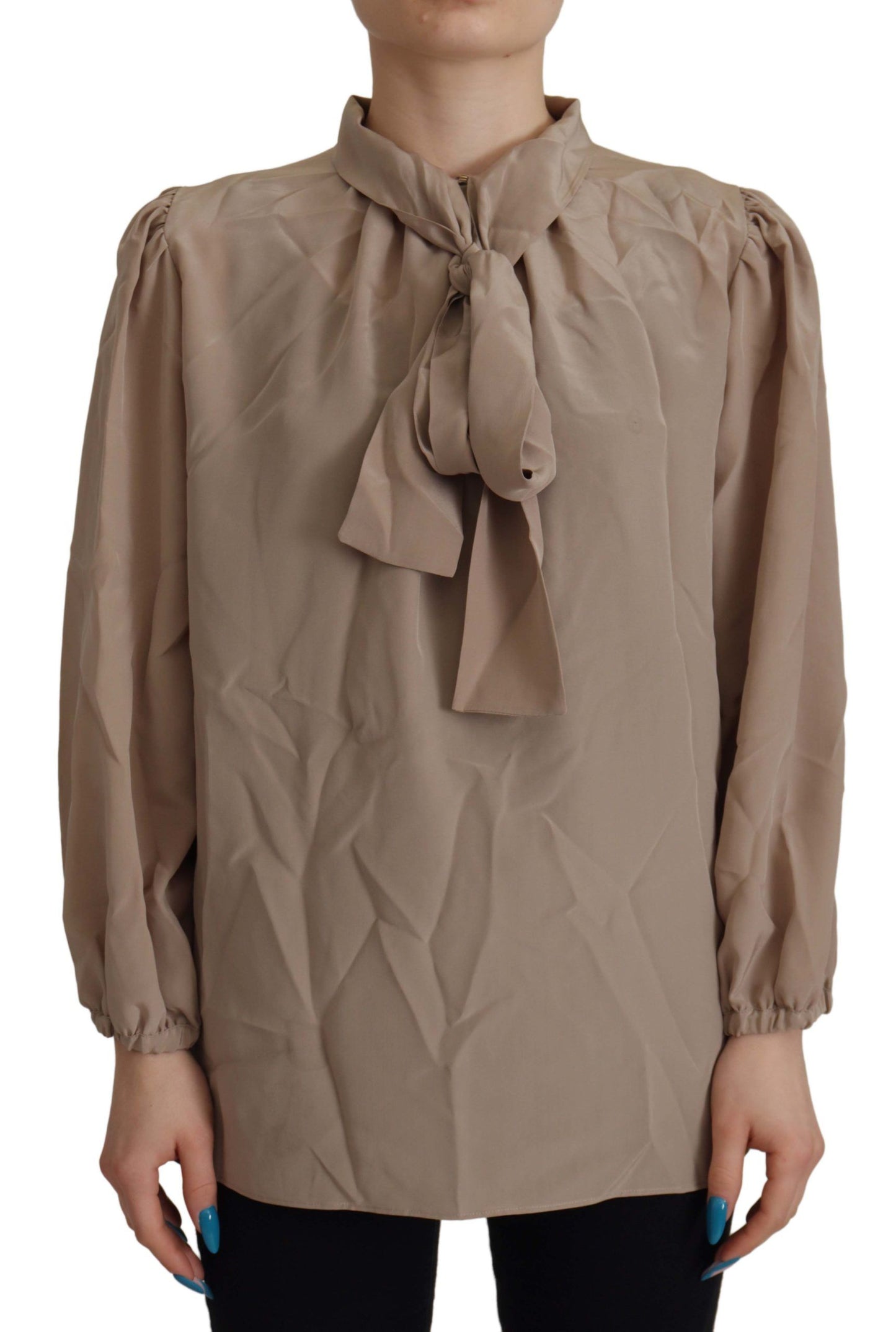 Dolce & Gabbana Braunes Taillenband Ärmel Ascot Kragen Top Bluse
