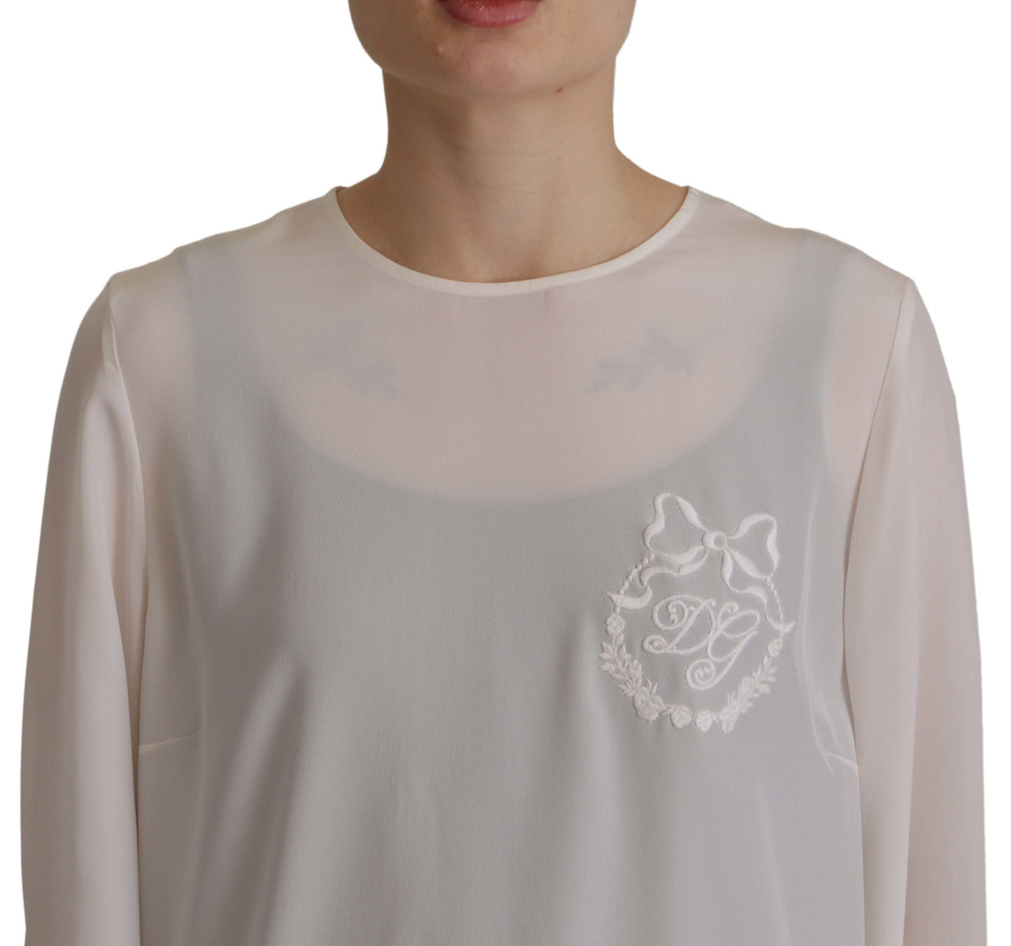 Dolce & Gabbana Weiße Seidenbluse mit DG-Logo-Stickerei und langen Ärmeln