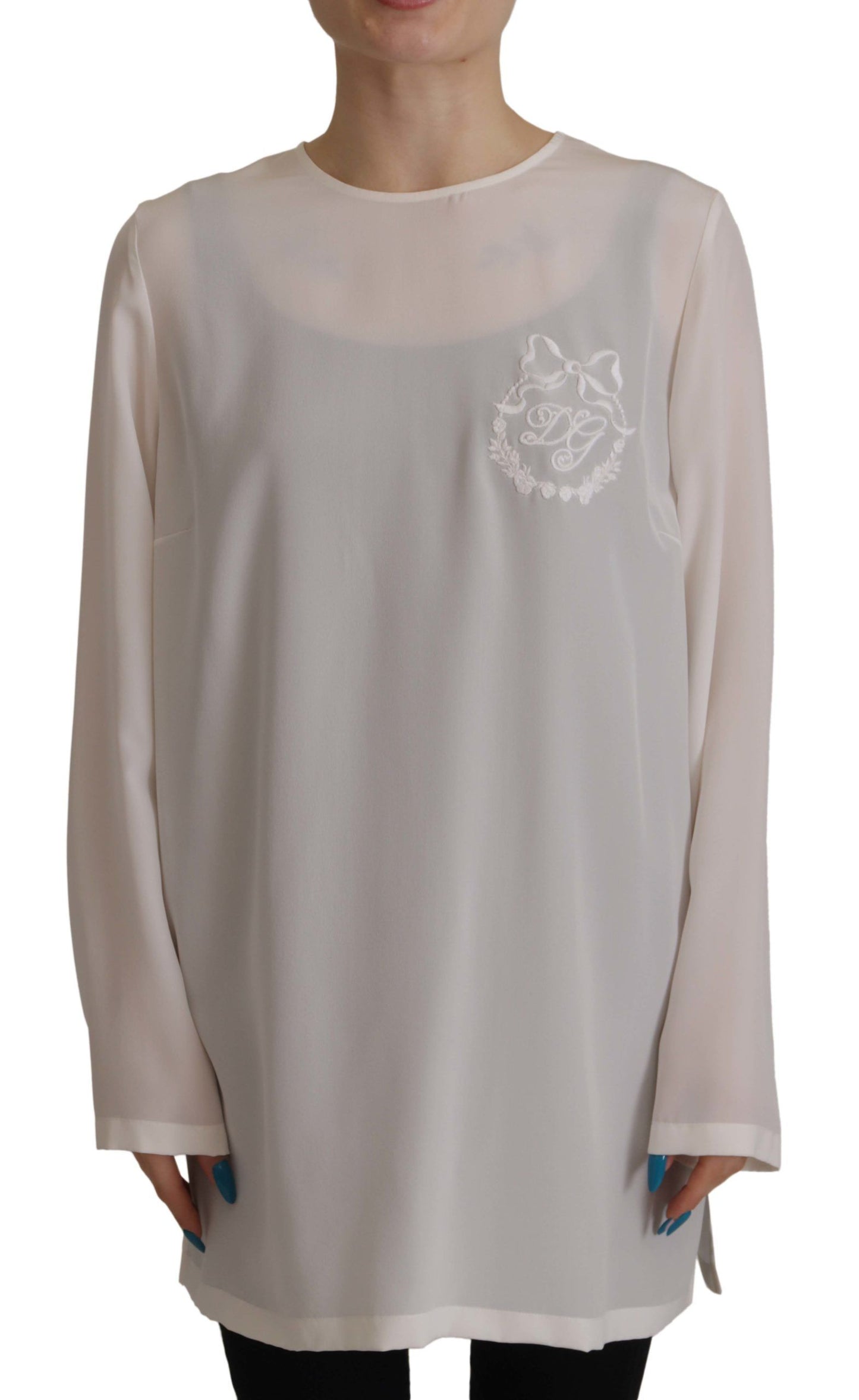 Dolce & Gabbana Weiße Seidenbluse mit DG-Logo-Stickerei und langen Ärmeln