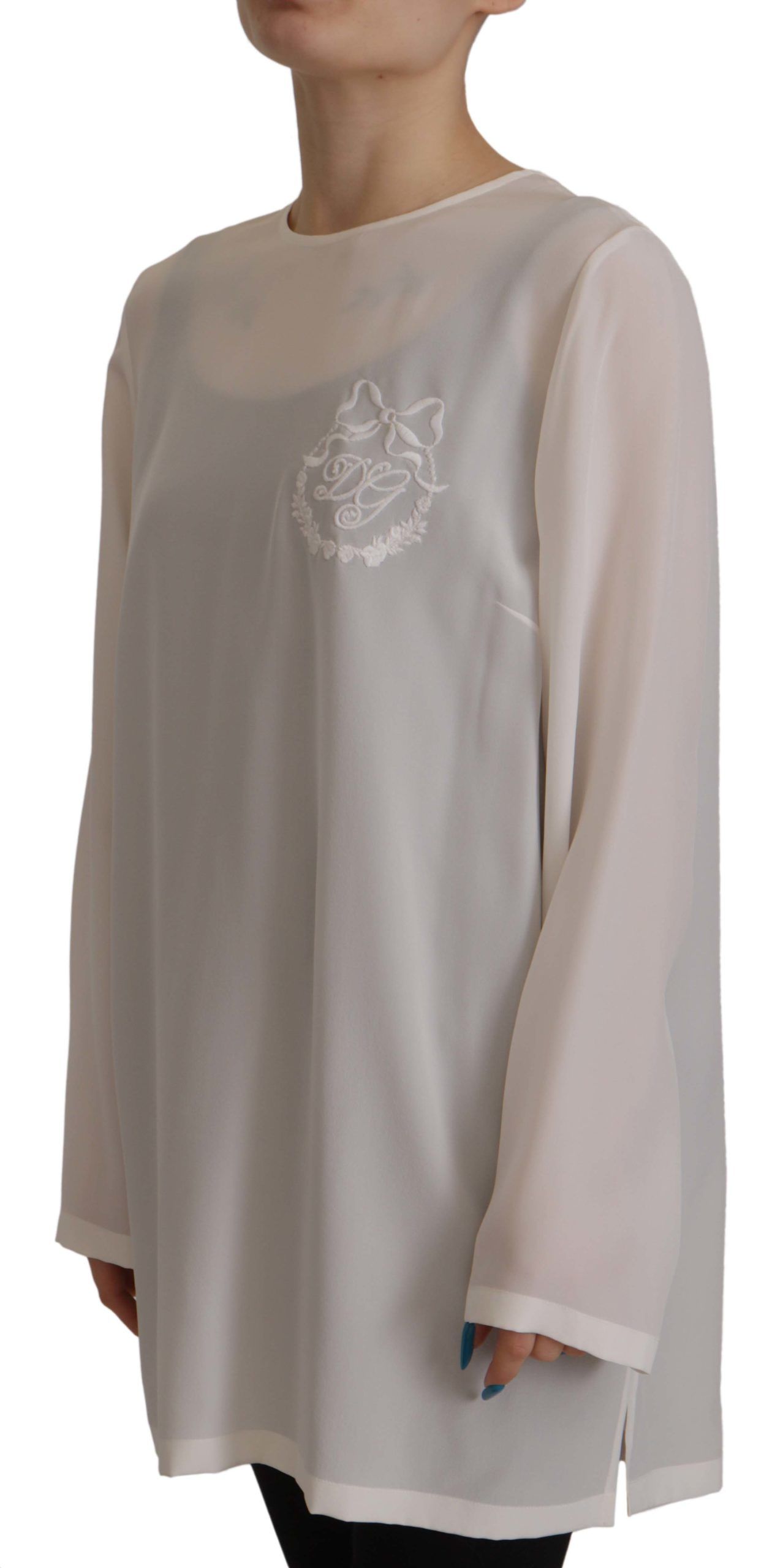 Dolce & Gabbana Weiße Seidenbluse mit DG-Logo-Stickerei und langen Ärmeln