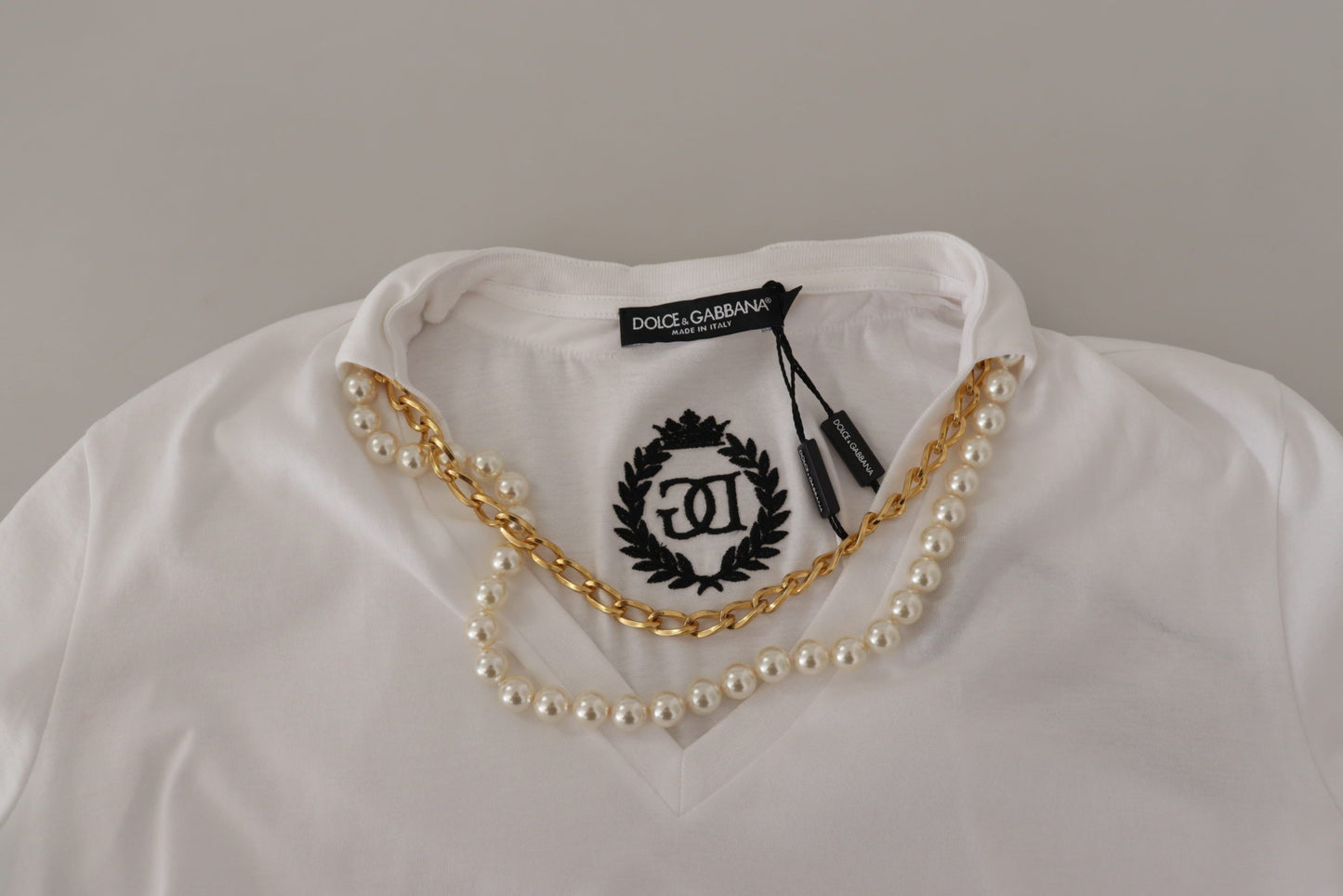 Dolce & Gabbana Weißes T-Shirt-Top mit verschönertem Halsausschnitt