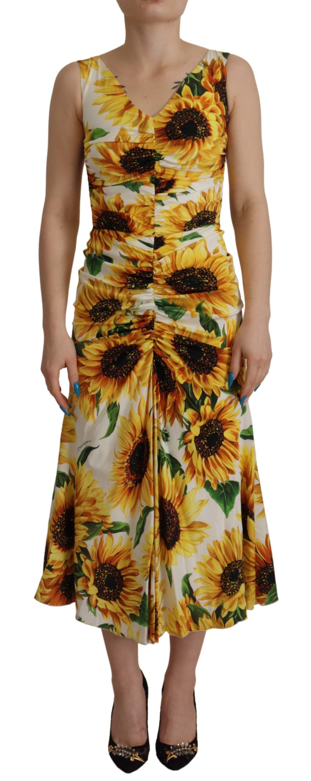 Dolce & Gabbana Elegant White Midi Dress with Floral Print