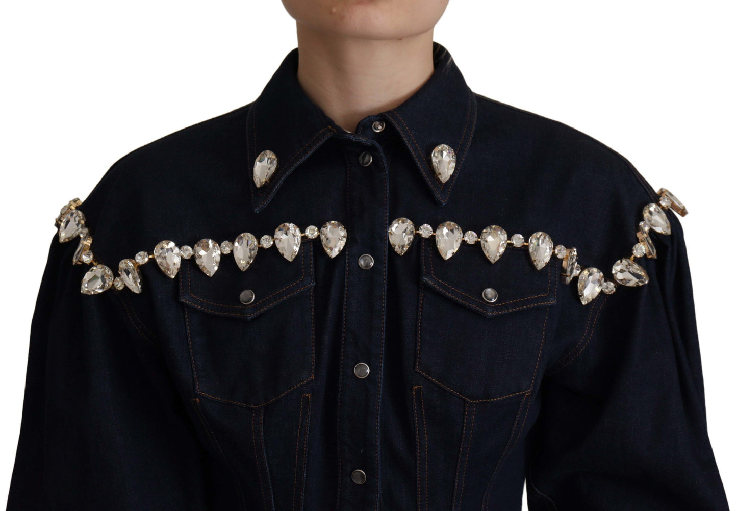Dolce & Gabbana Blaue Denim Jacke aus Baumwolle mit Kristallverzierung