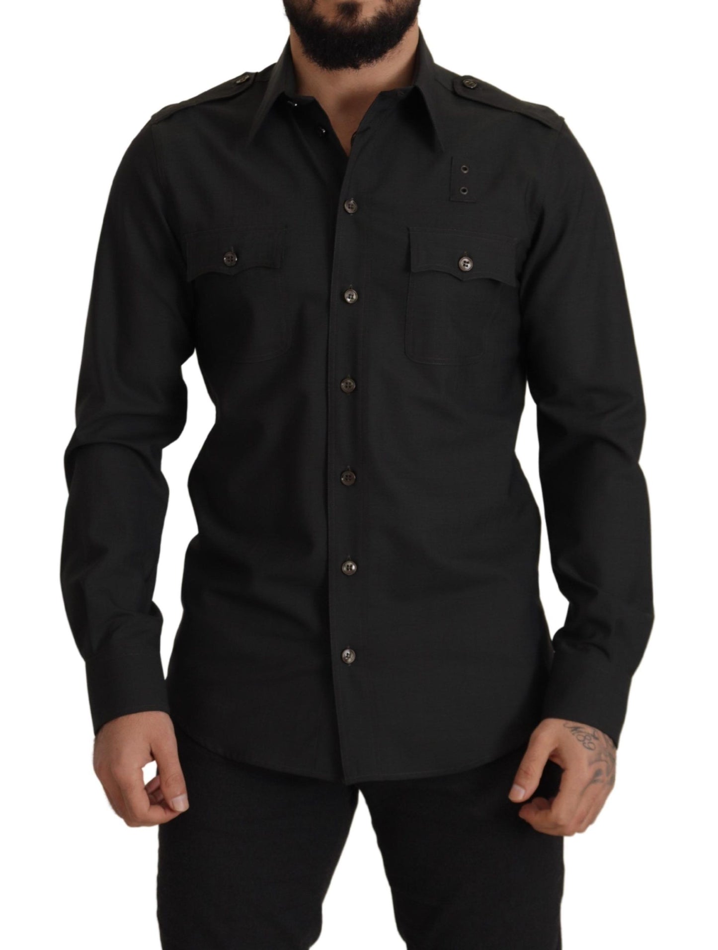 Dolce & Gabbana Dunkelgrün Baumwolle Slim Fit Casual Herrenhemd
