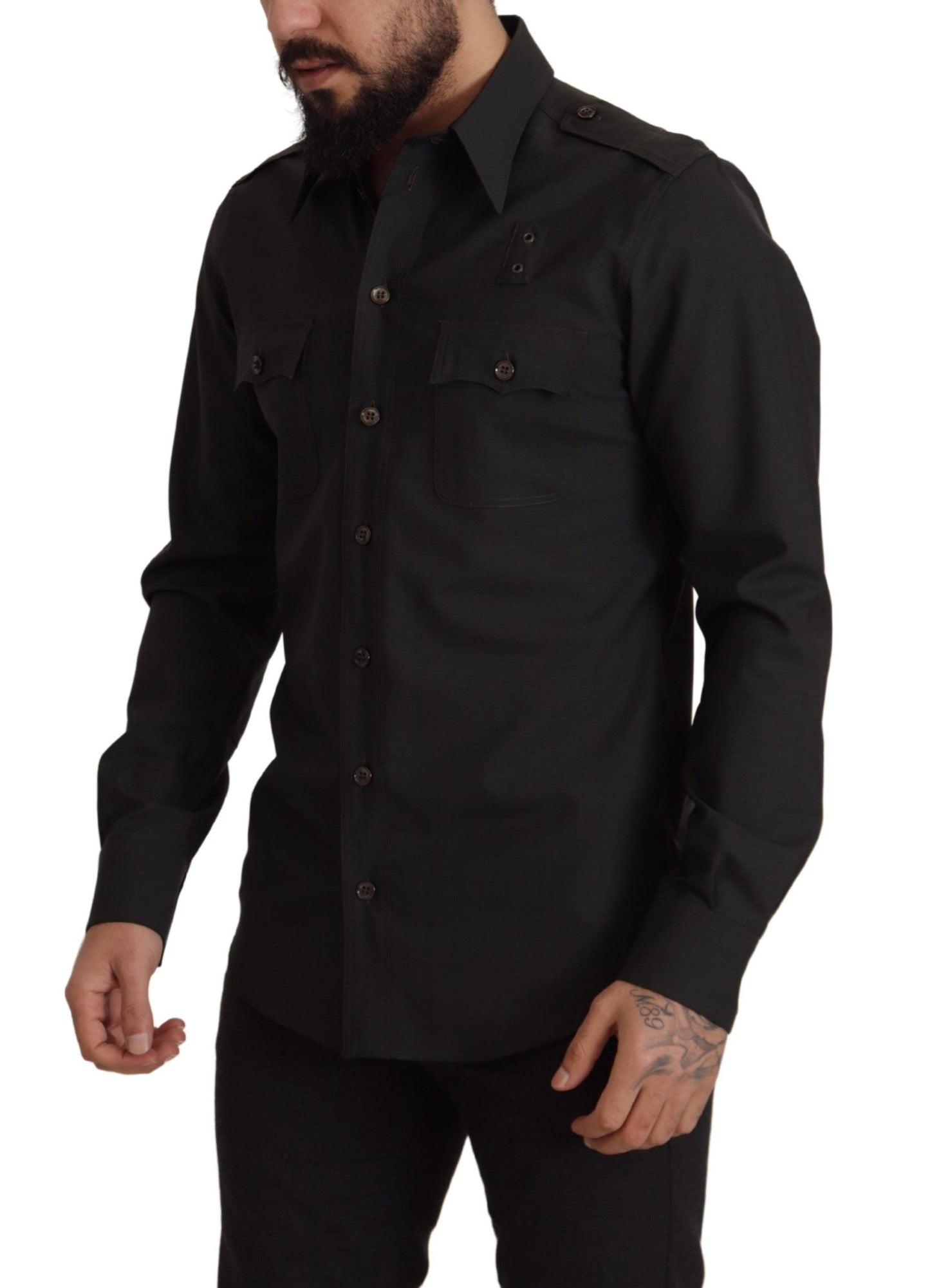 Dolce & Gabbana Dunkelgrün Baumwolle Slim Fit Casual Herrenhemd