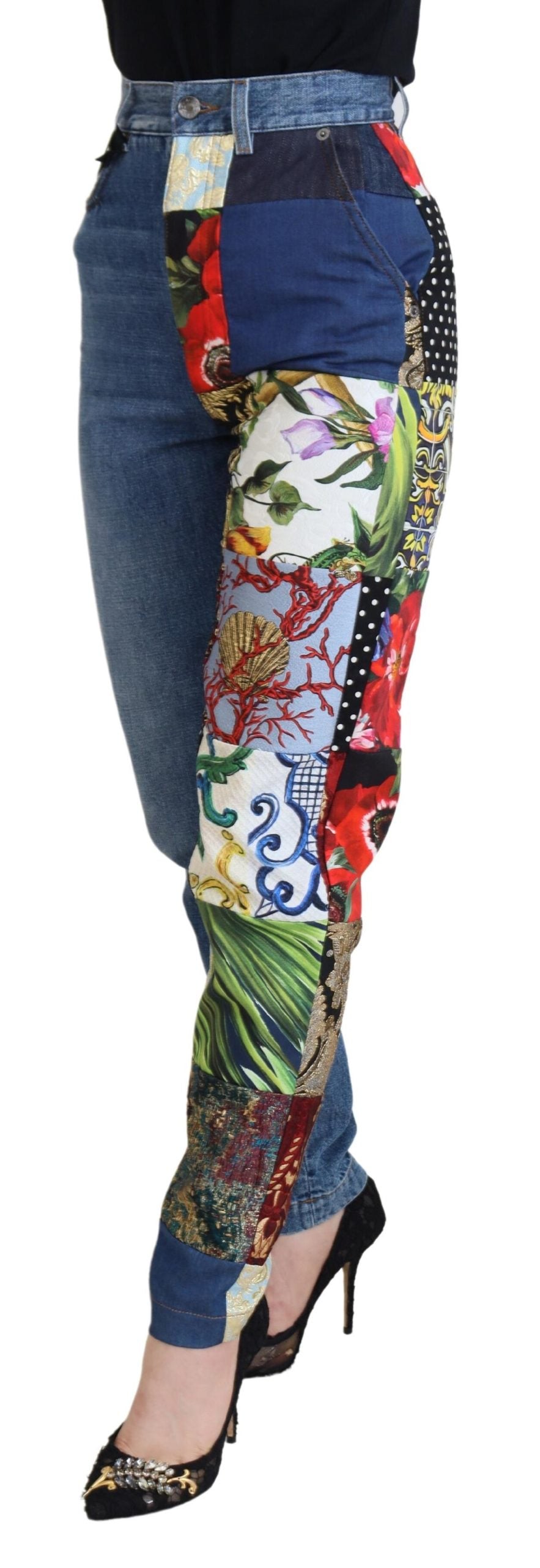 Dolce & Gabbana luxury jeans in blue jacquard denim with patchwork pattern