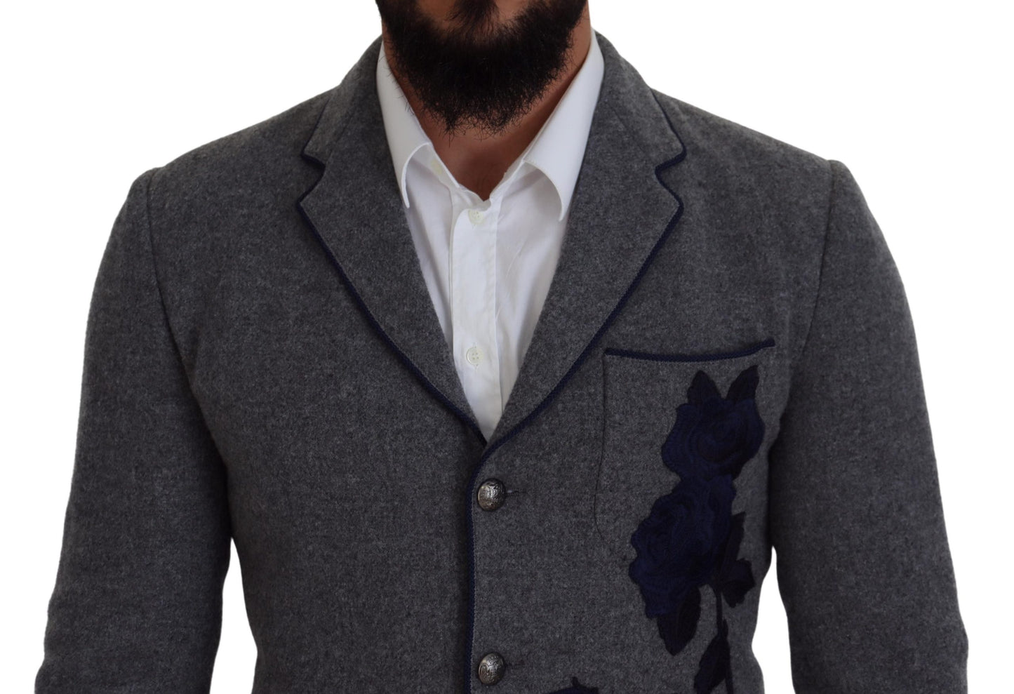 Dolce & Gabbana Elegant blazer in grey wool with blue rose embroidery