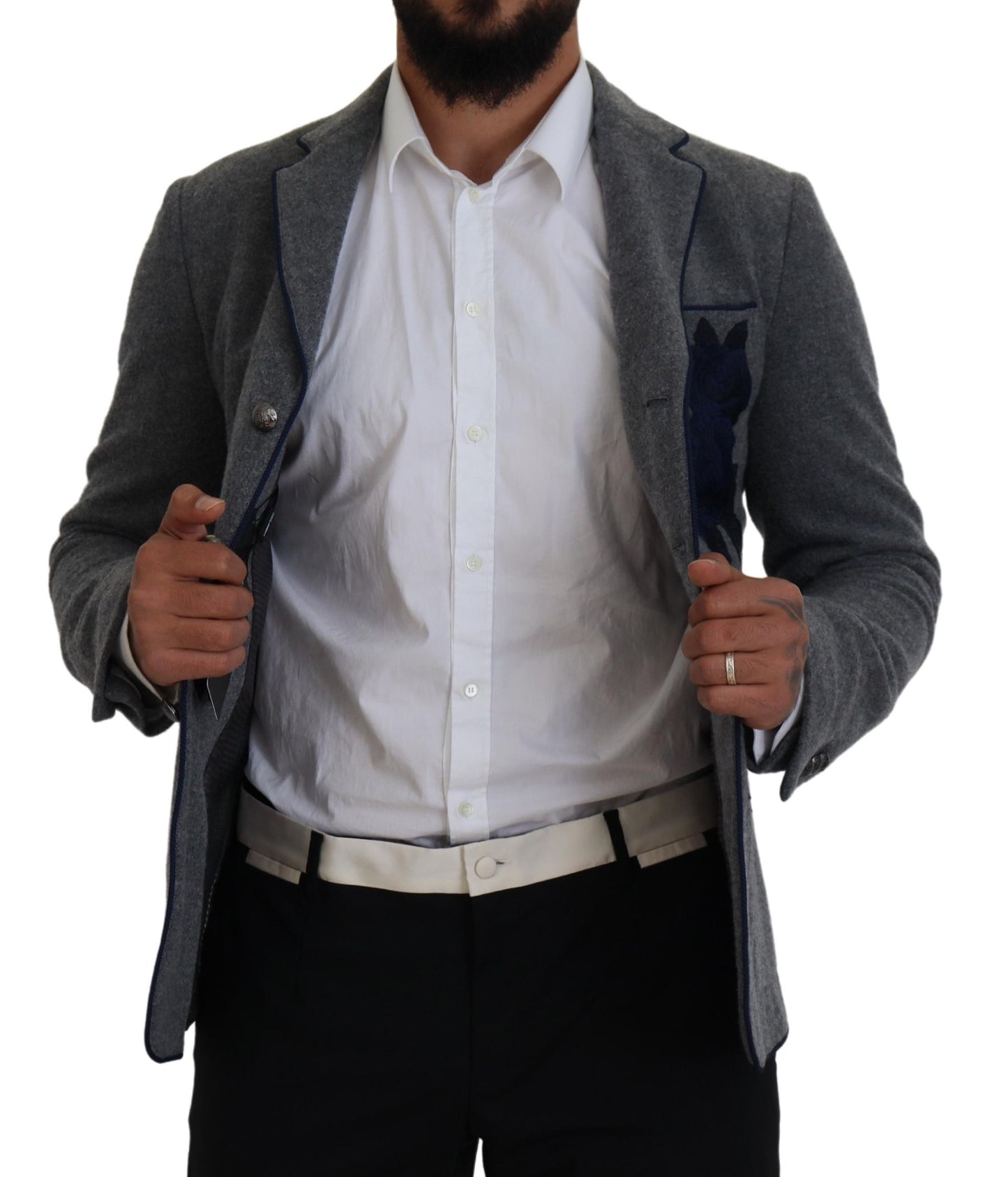 Dolce & Gabbana Elegant blazer in grey wool with blue rose embroidery