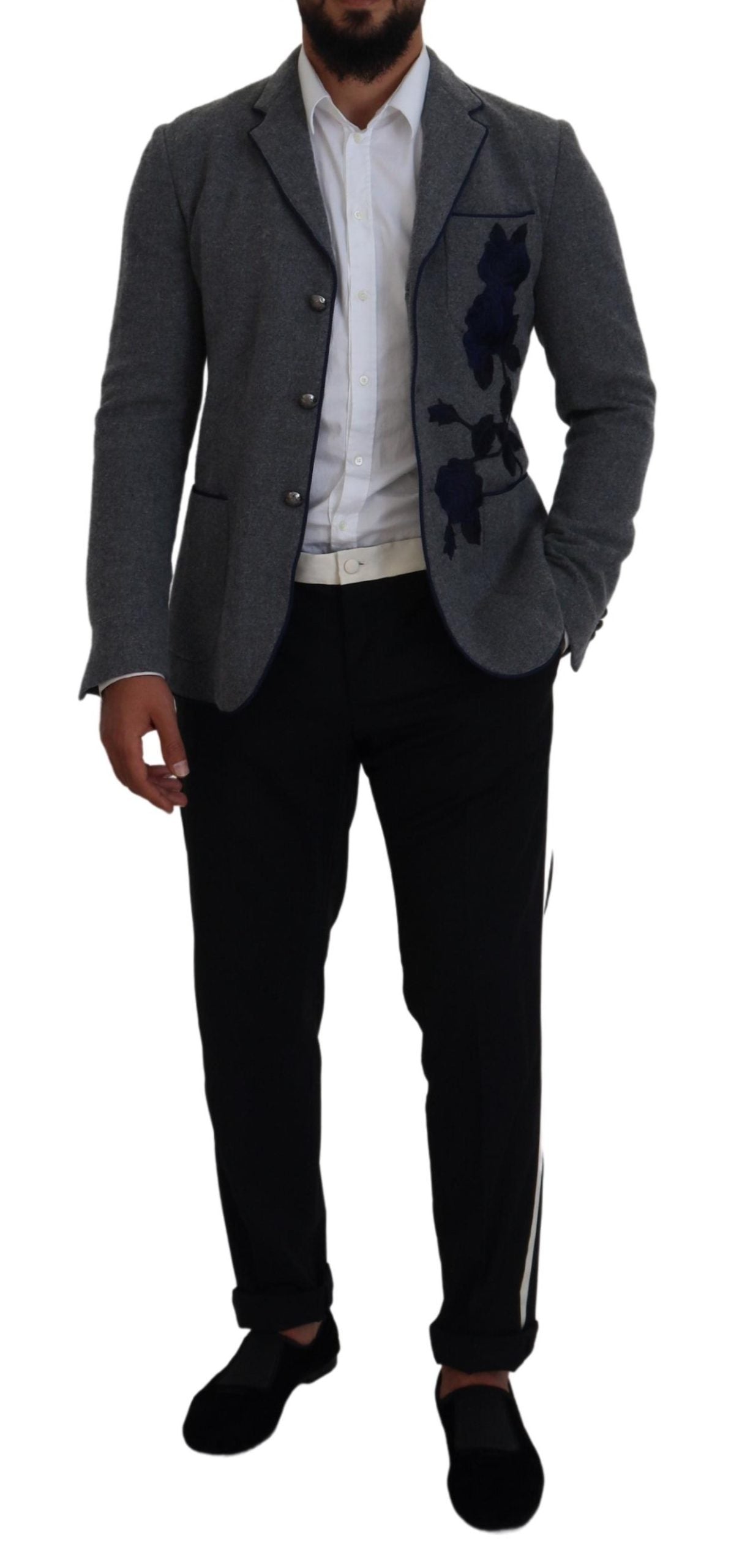 Dolce & Gabbana Elegant blazer in grey wool with blue rose embroidery