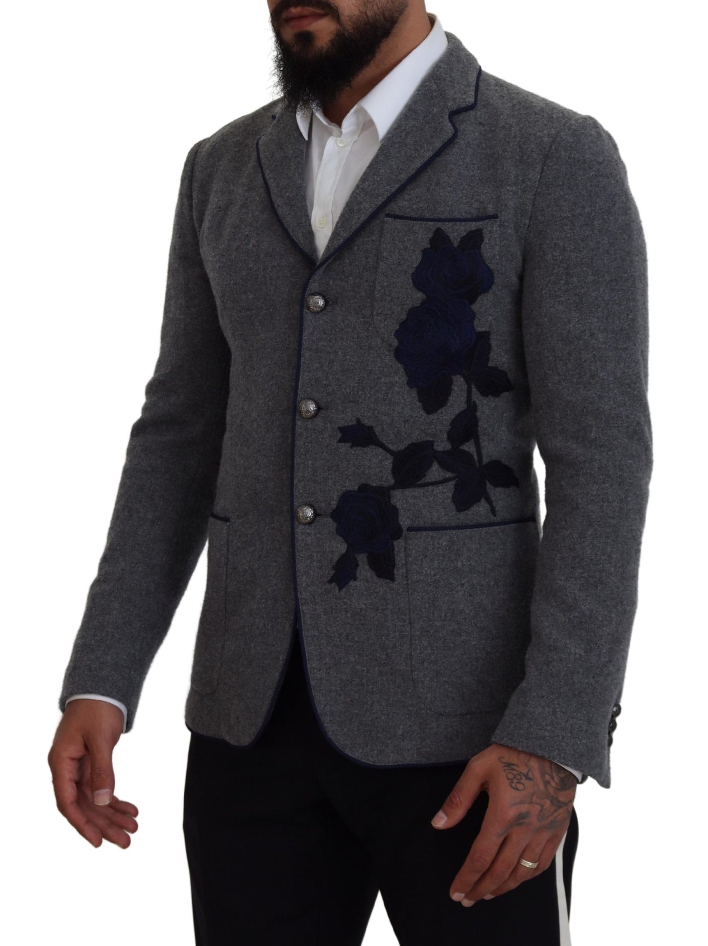 Dolce & Gabbana Elegant blazer in grey wool with blue rose embroidery