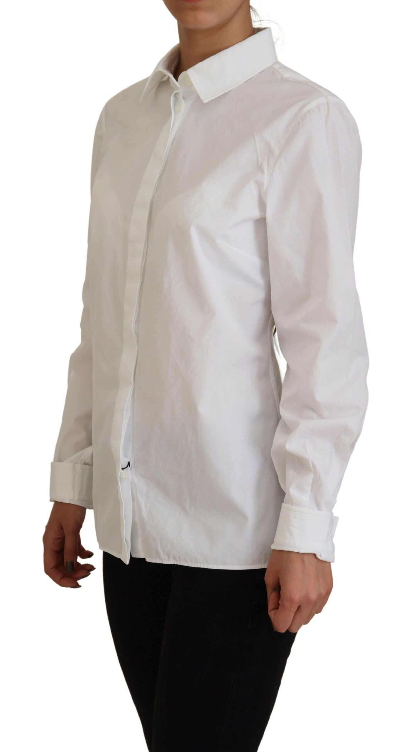 Dolce & Gabbana Weißes langärmeliges formelles Top mit Kragen aus Baumwolle