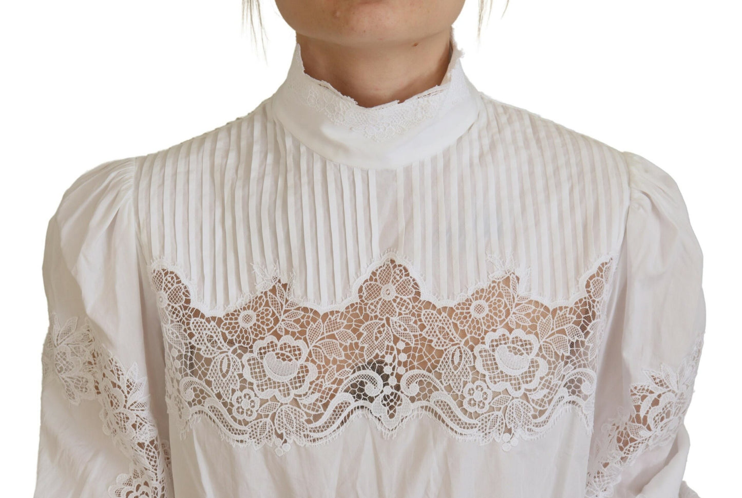 Dolce & Gabbana Weißes Blusentop mit Rollkragen und Spitzenbesatz aus Baumwolle
