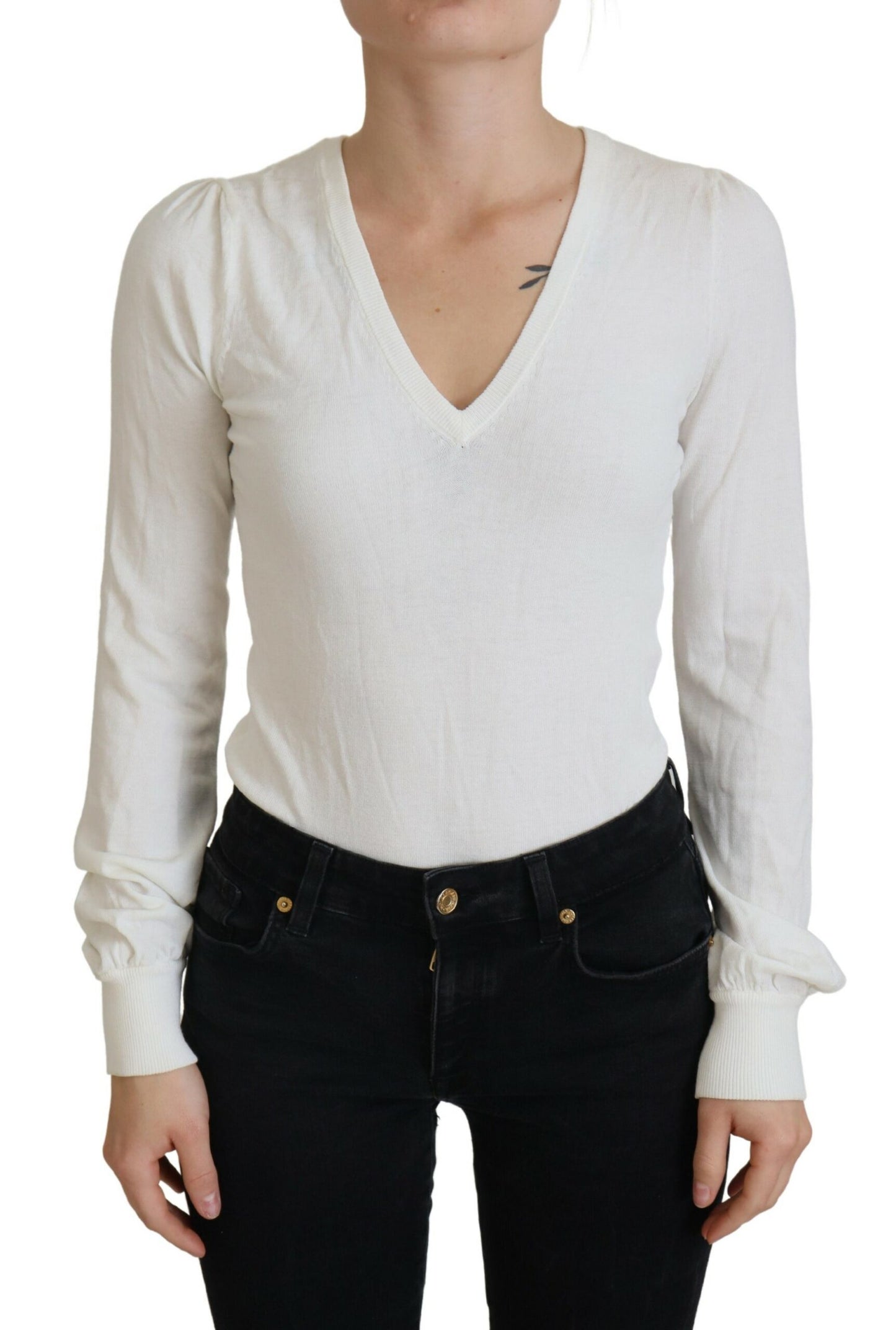 Patrizia Pepe Elfenbeinfarbener V-Ausschnitt mit langen Ärmeln Damen Bluse Top