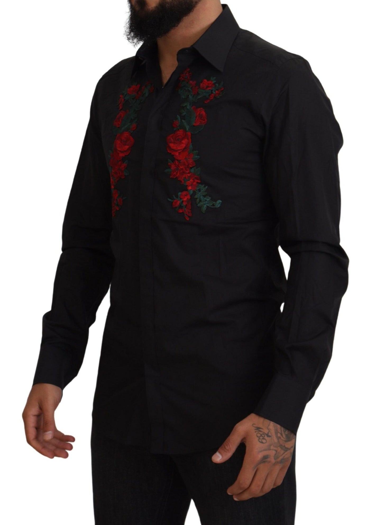 Dolce & Gabbana Schwarz Floral Stickerei Männer Lange Ärmel GOLD Hemd