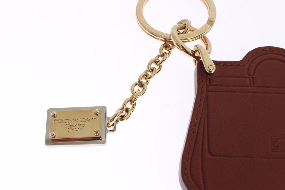 Dolce & Gabbana Braunes Leder Miss SICILY Gold Finder Kette Schlüsselanhänger