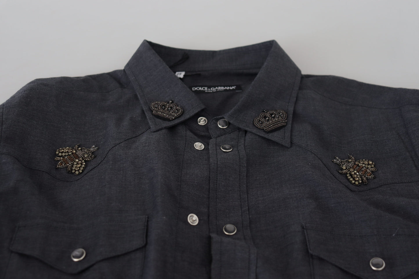 Dolce & Gabbana Blaues Baumwoll-Denim-Kristallbienenhemd