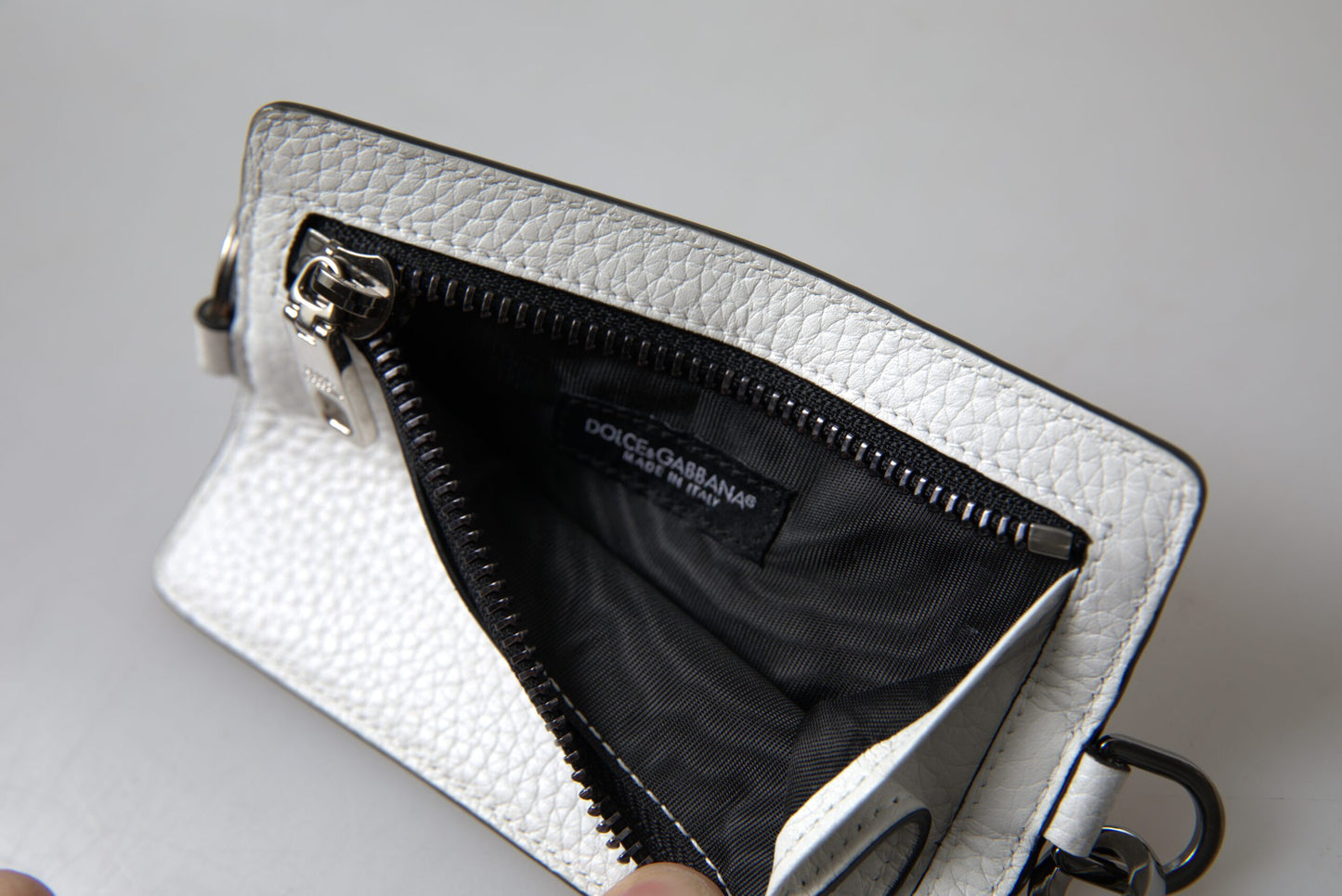 Dolce & Gabbana Elegant White Leather Card Holder Lanyard